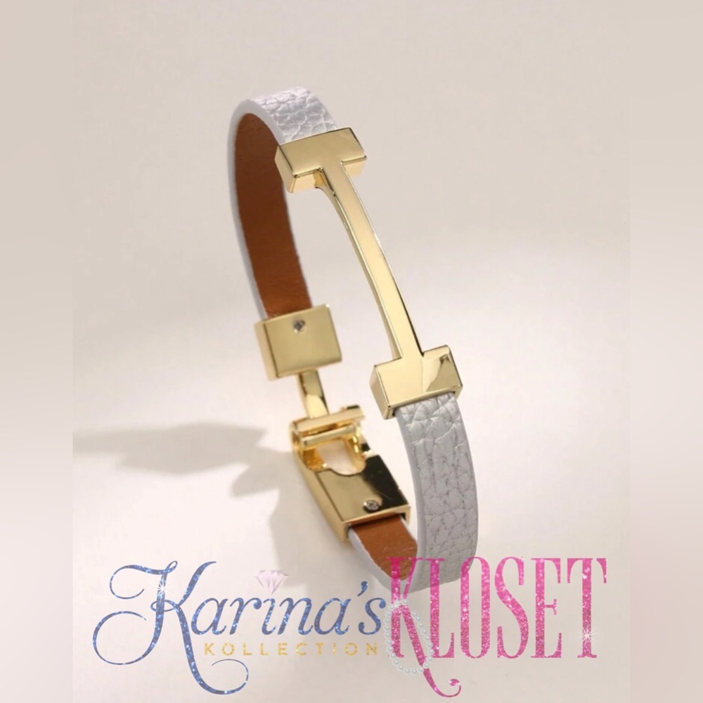 T Bar Gold & Gray Vegan Leather Bracelet 🎀
